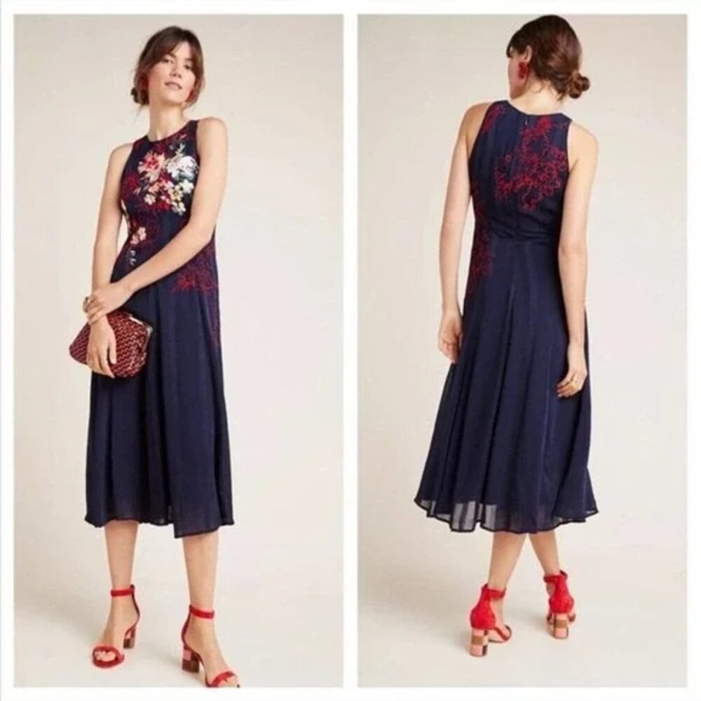 Anthropologie Tanzine Navy Blue Embroidered Floral Viscose Midi Dress